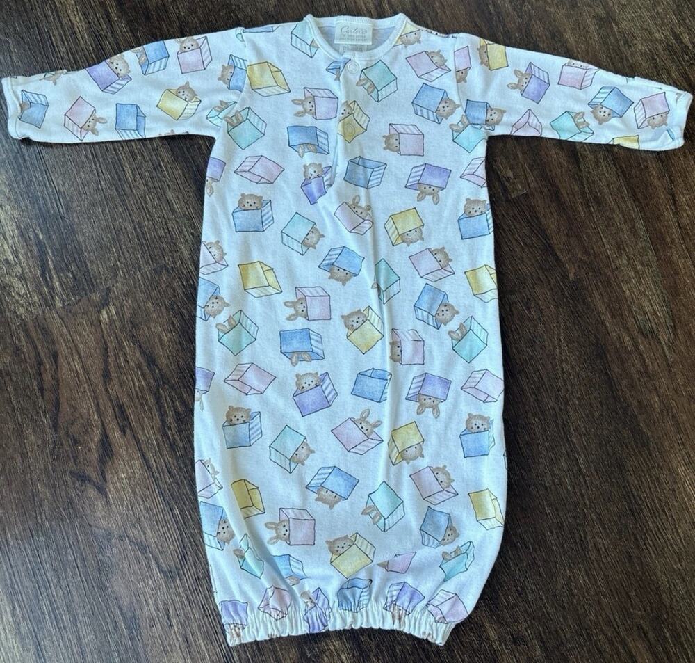 Vintage Carter's Layette Newborn Gown Bear Bunny Pastel Print Cotton LS